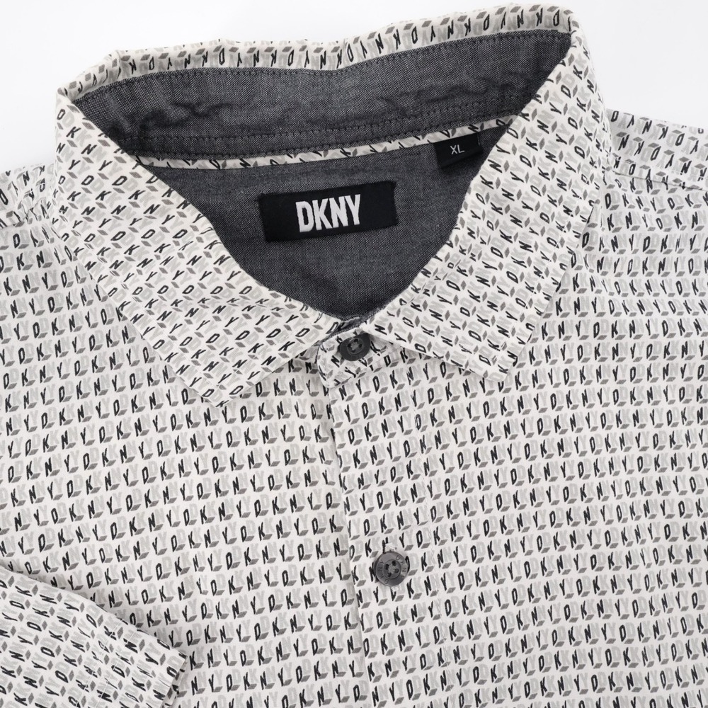 DKNY Logo All Over Print Button Up Shirt White Short Sleeve Mens XL